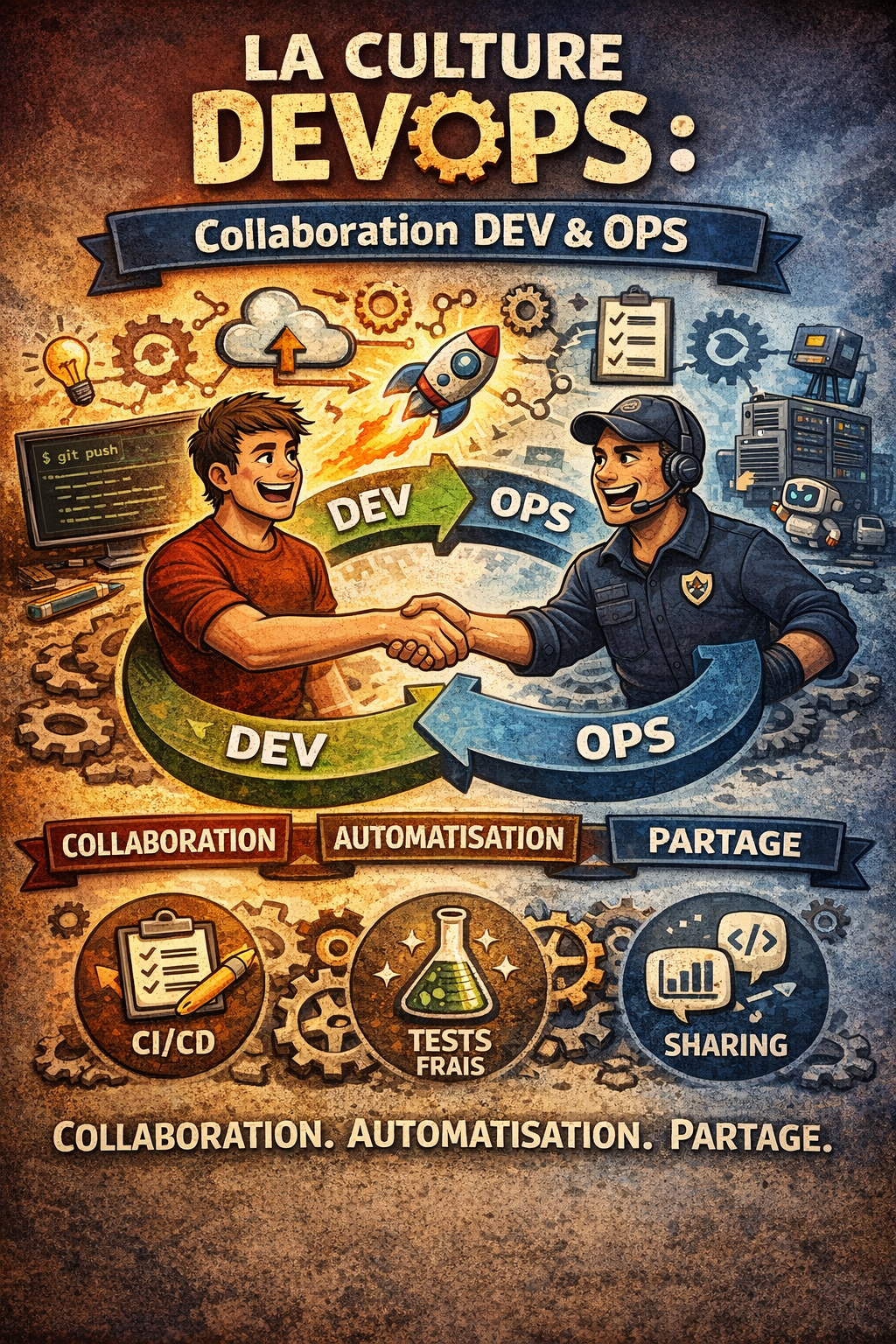 Schéma illustrant le travail d'équipe entre les Dev et les Ops après la mise en place de la culture DevOps